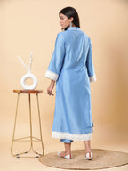 BohoJazz Lucknowi Handwork with Pearls Chanderi Kurta Pant - Blue - Distacart