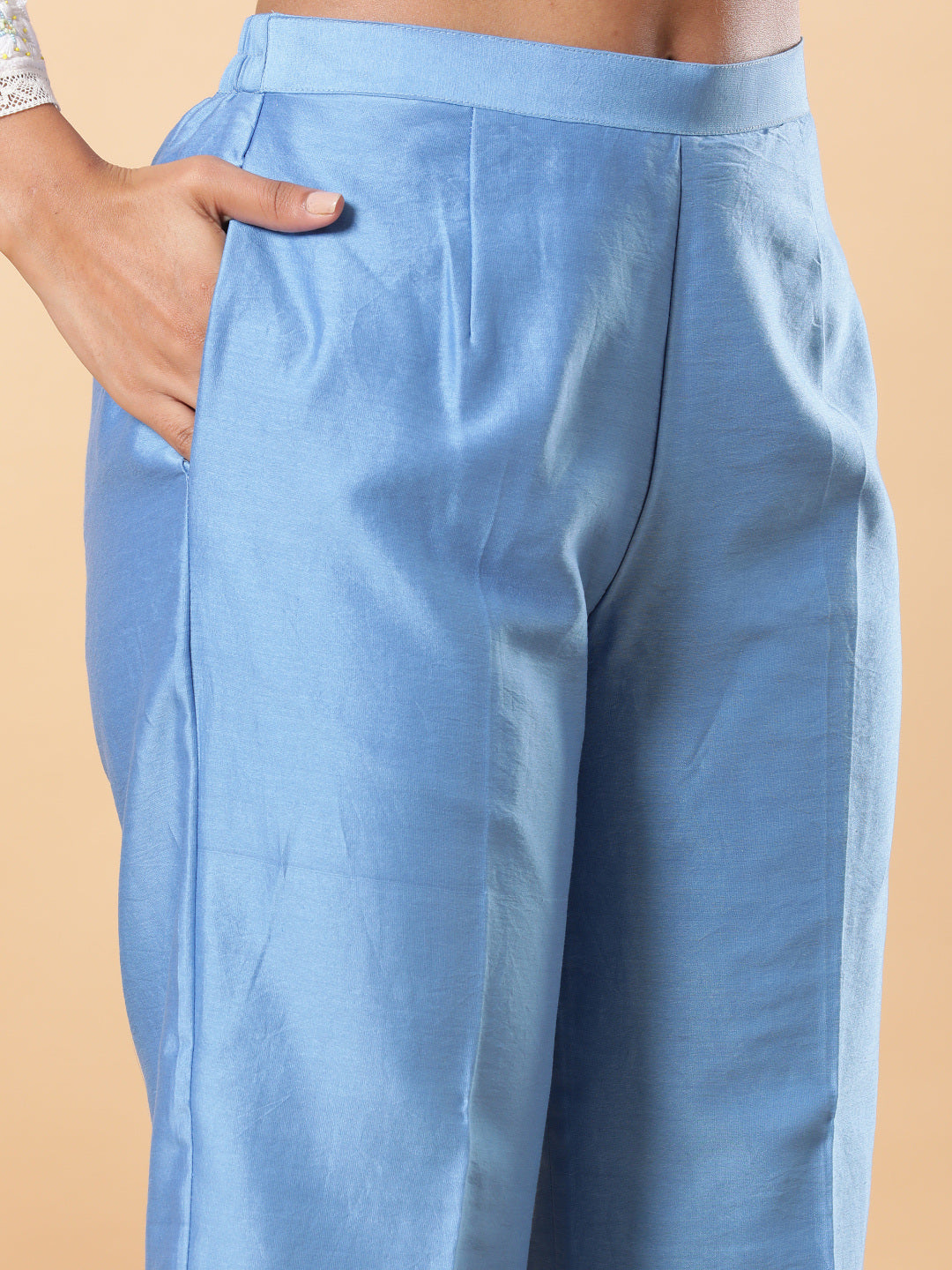 BohoJazz Lucknowi Handwork with Pearls Chanderi Kurta Pant - Blue - Distacart
