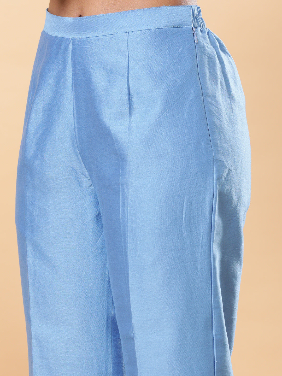 BohoJazz Lucknowi Handwork with Pearls Chanderi Kurta Pant - Blue - Distacart