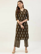 FIORRA Women's Mahendi Green Cotton Straight Kurta Set