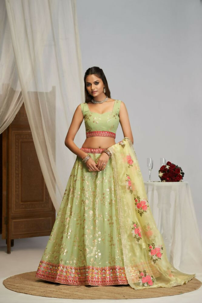 Pista Green Floral Georgette Sequence Work Lehenga Choli - Jihu Culture