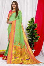 Jyoti Fashion Women's Green Paithani Silk Zari Woven Saree with Blouse