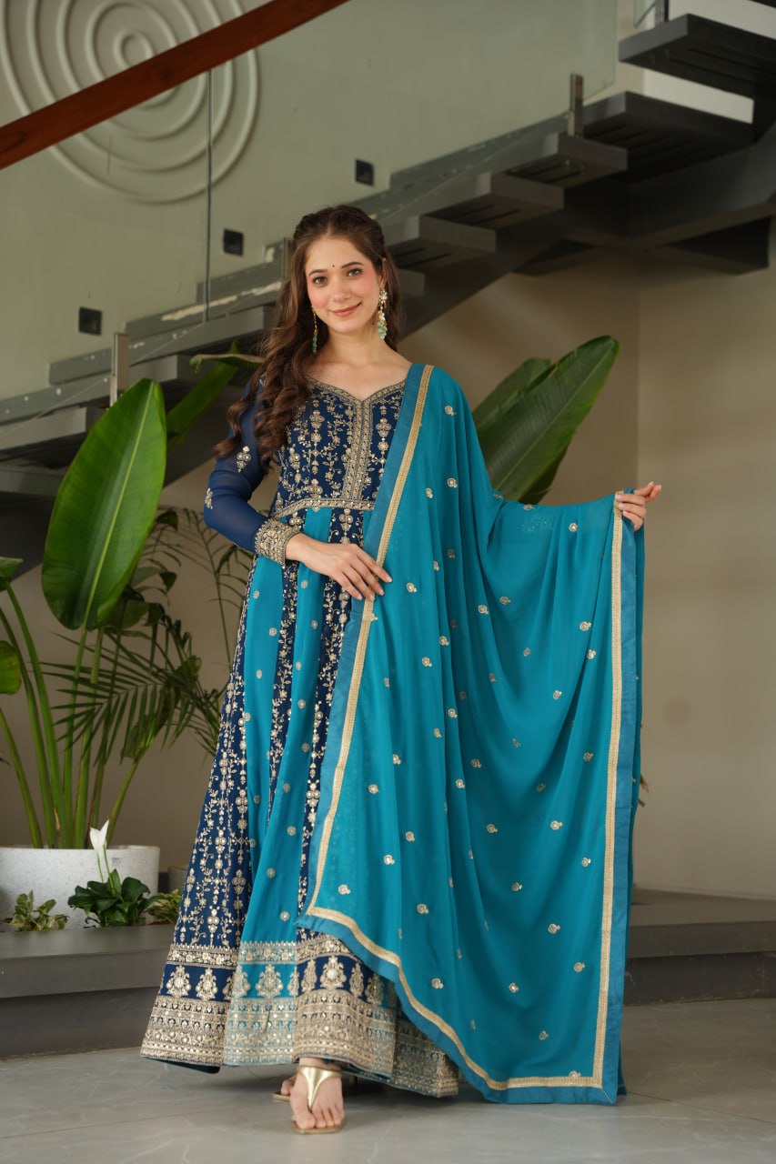 Prazu Fashion Blue Georgette With Zari & Sequins Gown - Distacart