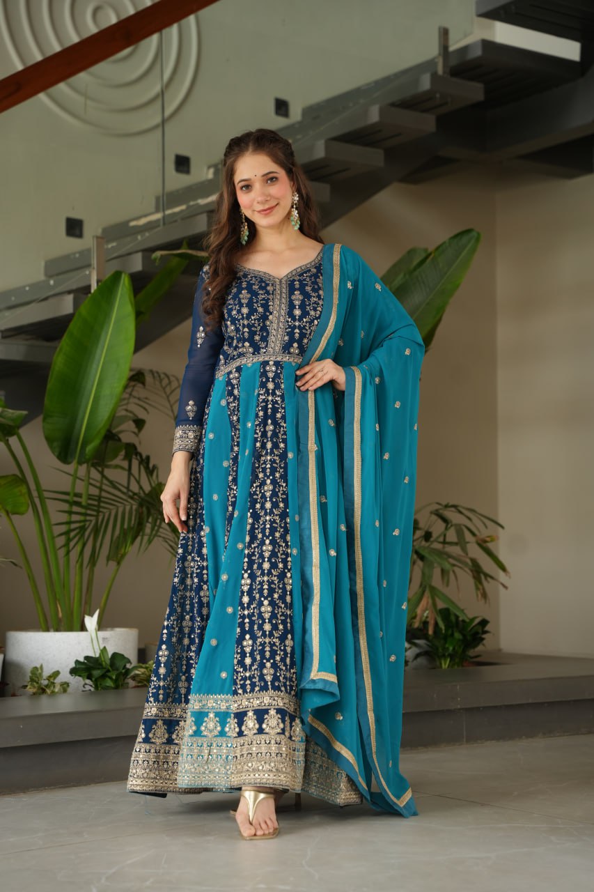 Prazu Fashion Blue Georgette With Zari & Sequins Gown - Distacart