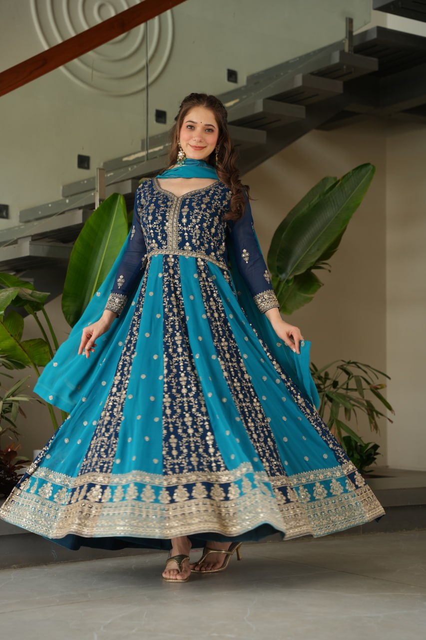 Prazu Fashion Blue Georgette With Zari & Sequins Gown - Distacart