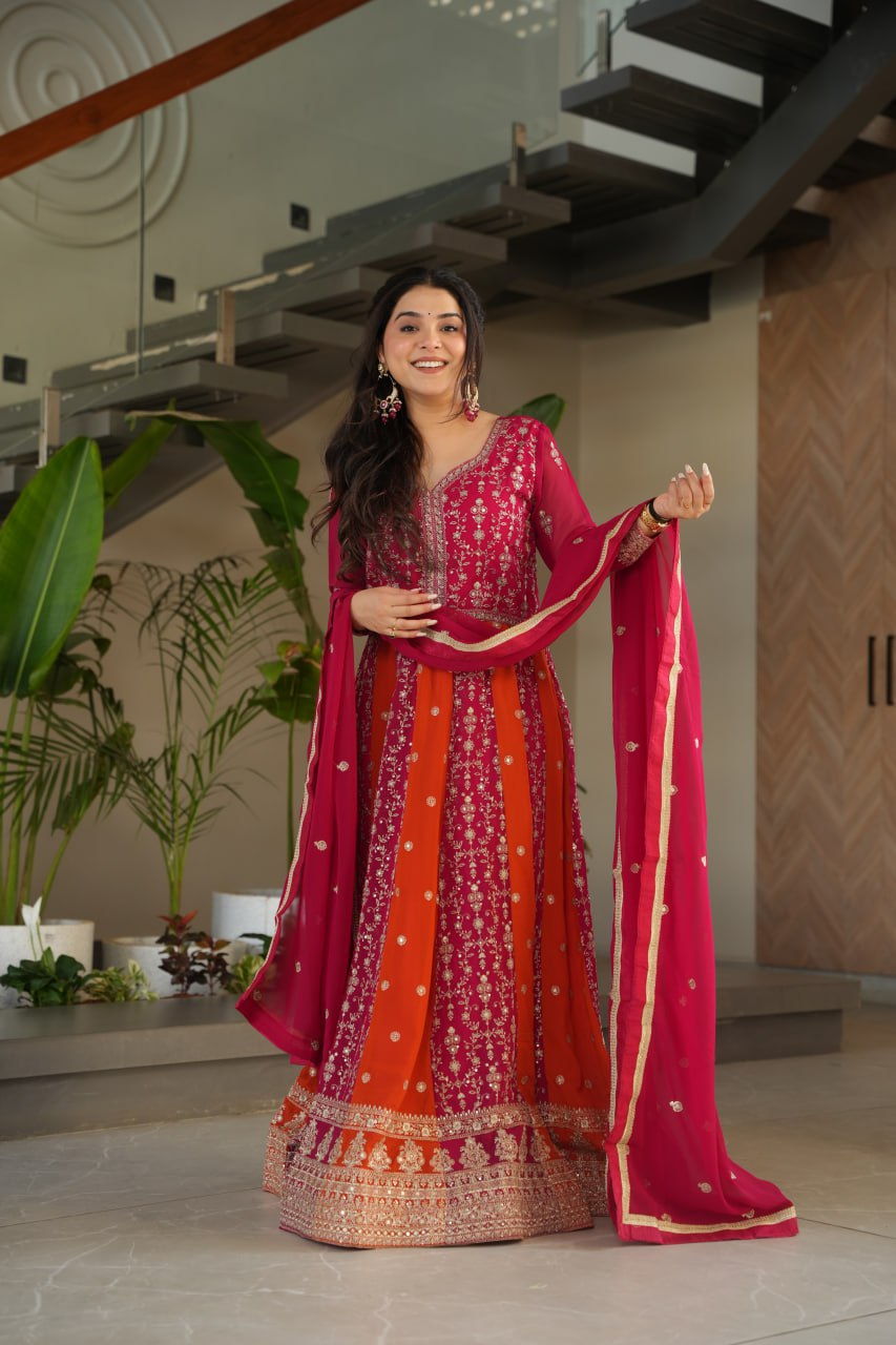 Prazu Fashion Pink Georgette With Zari & Sequins Gown - Distacart