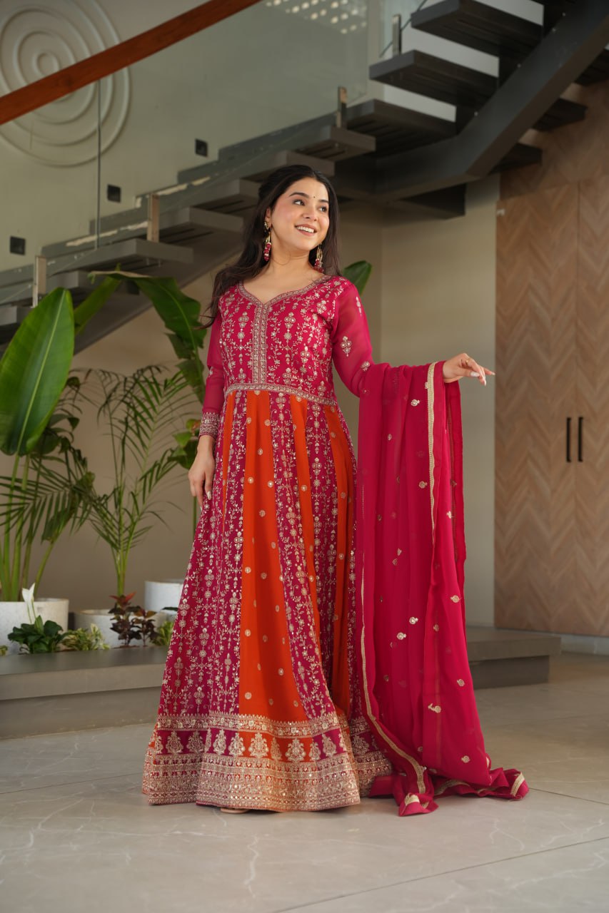 Prazu Fashion Pink Georgette With Zari & Sequins Gown - Distacart