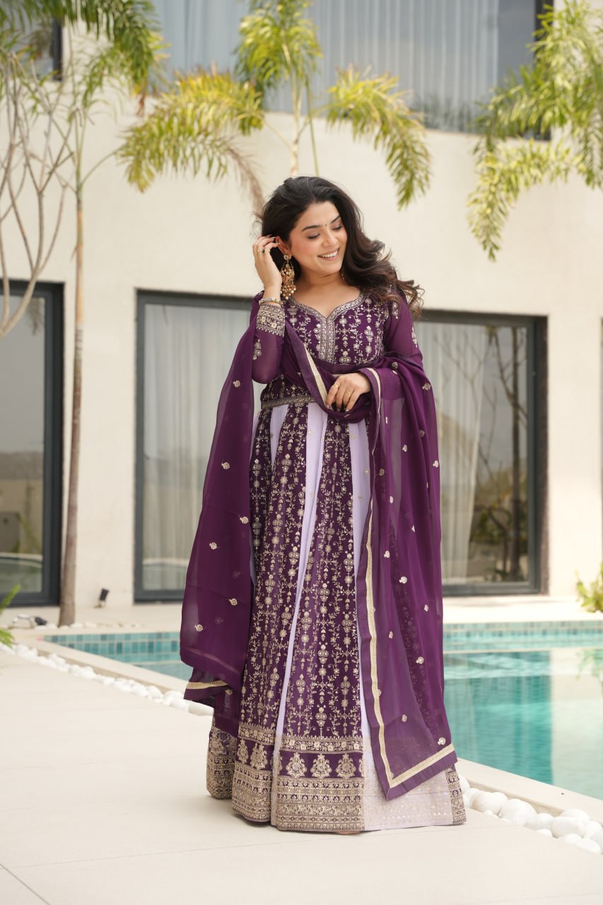 Prazu Fashion Violet Georgette With Zari & Sequins Gown - Distacart