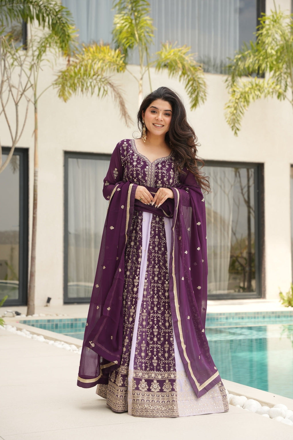 Prazu Fashion Violet Georgette With Zari & Sequins Gown - Distacart