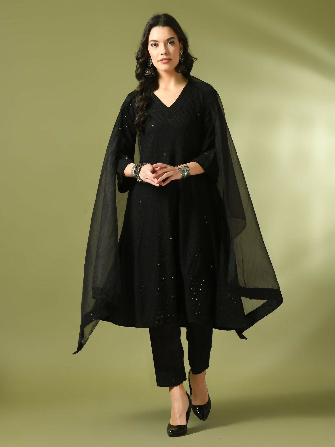 Myshka Women's Black Embroidered Cotton A-Line Party Kurta Set With Dupatta