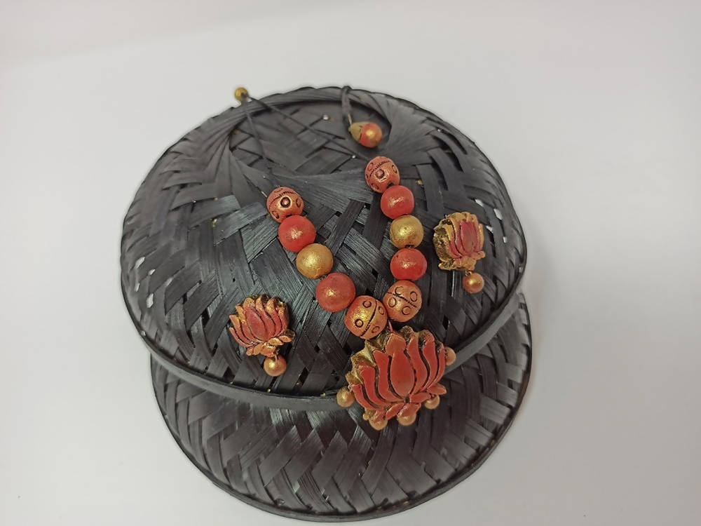 Terracotta Lotus Pendant Necklace Set With Studs-Golden Pink
