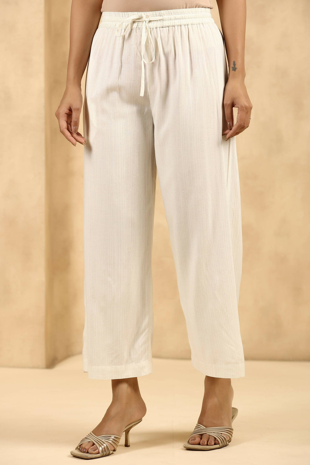 Juniper Women's Off-White Rayon Gold Printed Wide Leg Palazzo - Distacart