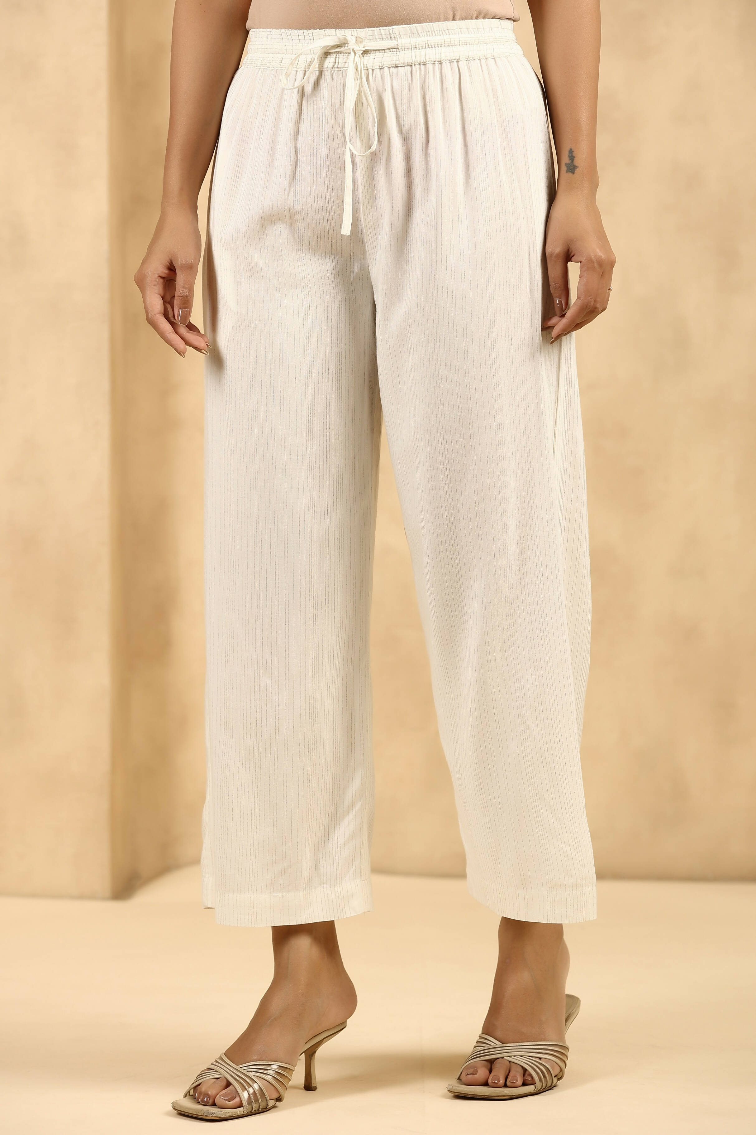 Juniper Women's Off-White Rayon Gold Printed Wide Leg Palazzo - Distacart