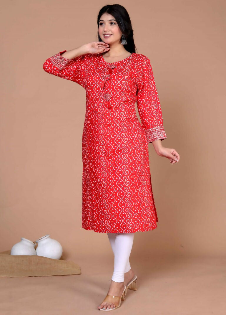 Miravan Women's Festive Wear Red Bandhani Printed Straight Kurta