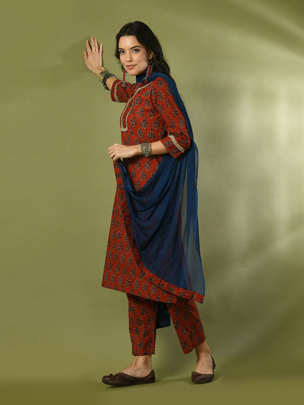 Myshka Women's Rust Printed Cotton Straight Party Kurta Set With Dupatta