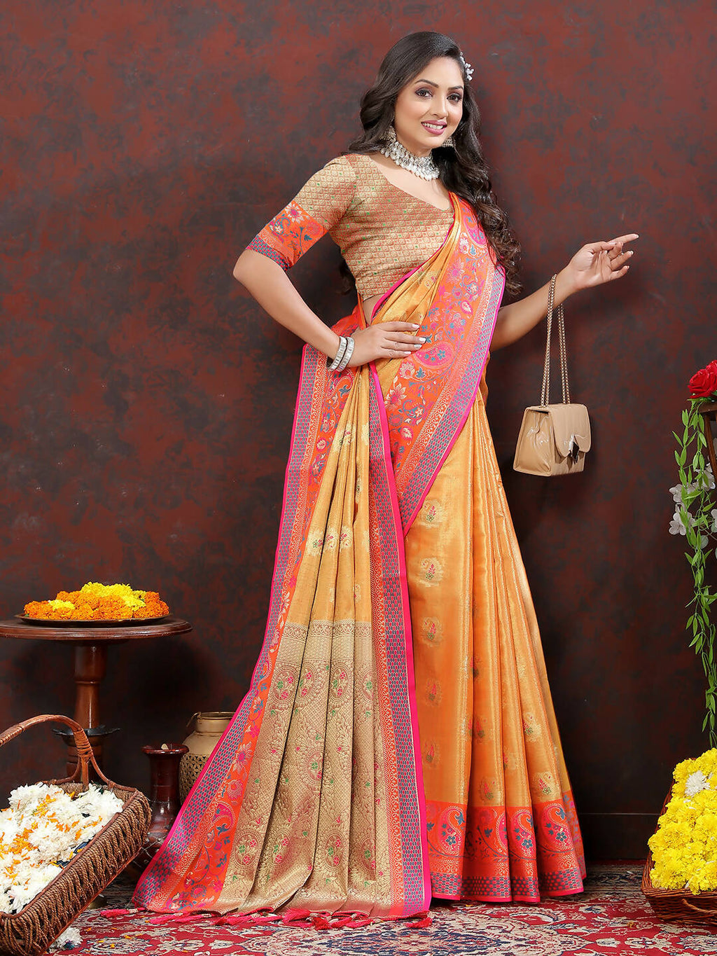 Lorenvalley Fashion Orange Kanjivaram Silk Woven Design with Zari Weaving Saree