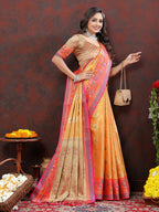 Lorenvalley Fashion Orange Kanjivaram Silk Woven Design with Zari Weaving Saree