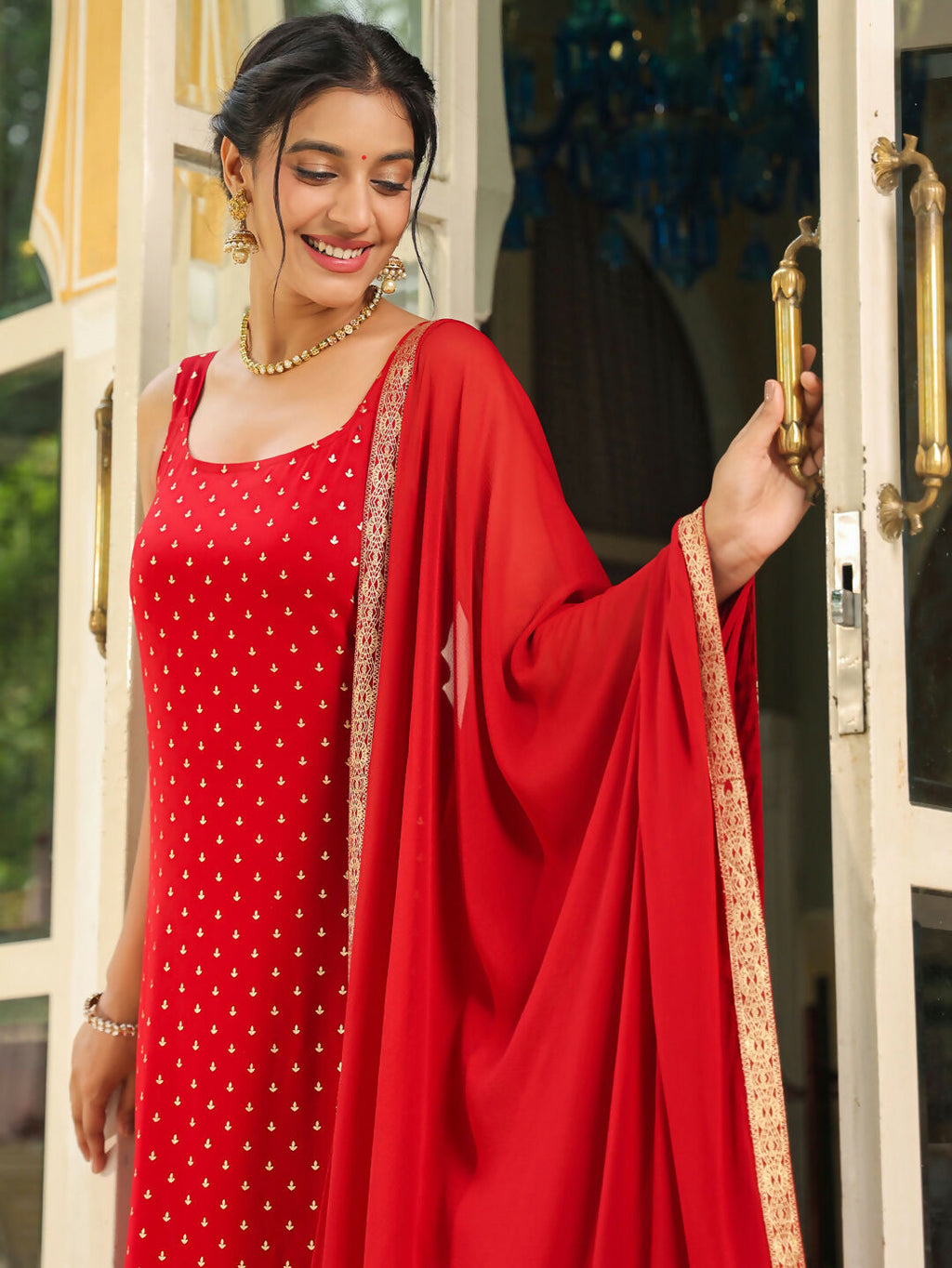 Janasya Maroon Rayon Foil Print Kurta,Bottom & Dupatta