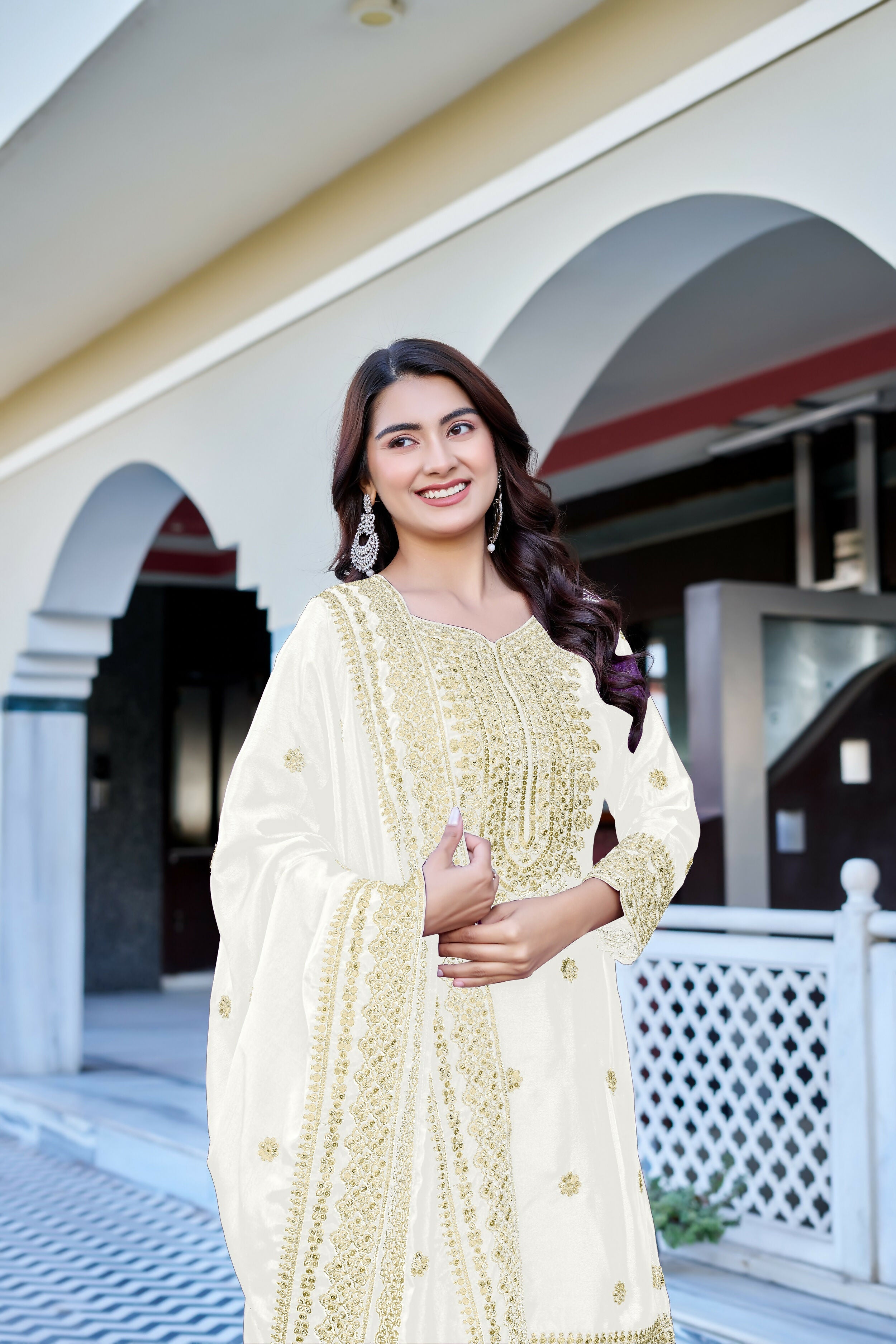 Teeya Creation White Color Chinon Silk Heavy Embroidery Work Wedding Wear Sharara - Distacart