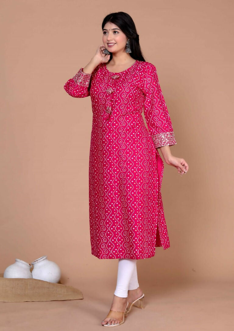Miravan Women's Plus Size Pink Bandhani Pakistani Straight Kurti