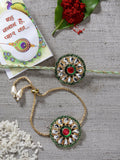 NVR Women & Men Set of 2 Gold Kundan-Studded Handcrafted Wraparound Rakhi Set With Roli Chawal - Distacart
