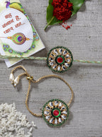 NVR Women & Men Set of 2 Gold Kundan-Studded Handcrafted Wraparound Rakhi Set With Roli Chawal - Distacart