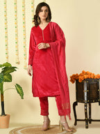 Myshka Women's Pink Velvet Kurta & Trousers With Dupatta Party Sets