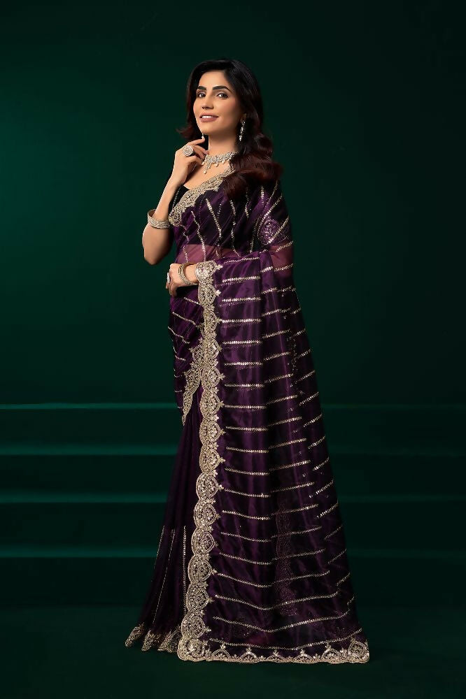 Joban Fashion Wine Net Party Wear Sarees - Distacart