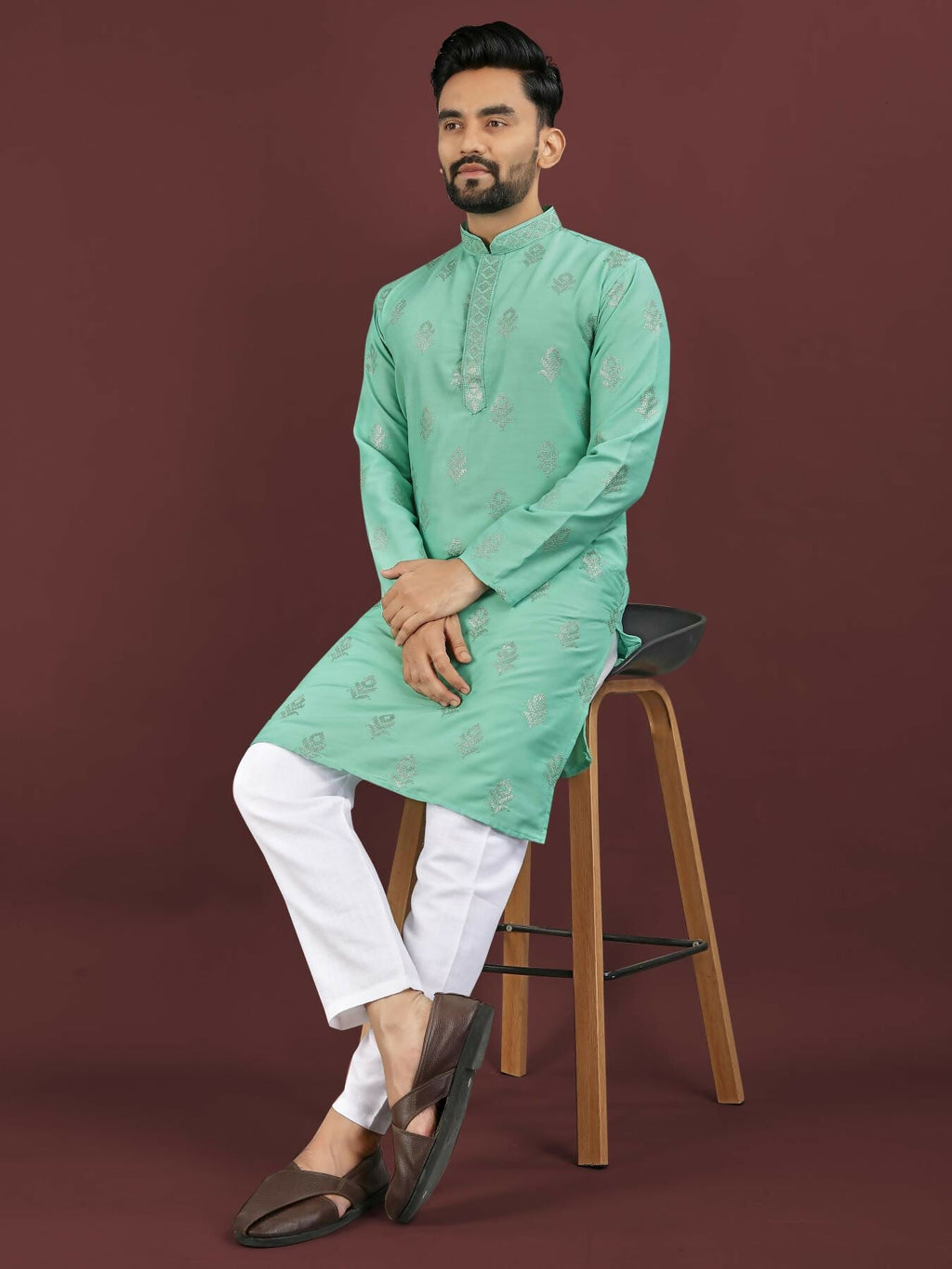 Anaita Turquoise Embroidered Silk Straight Kurta