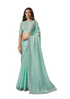 Sea Green Organza Silk Crepe Solid Saree With Unstitched Blouse Piece - Norita Ikshita