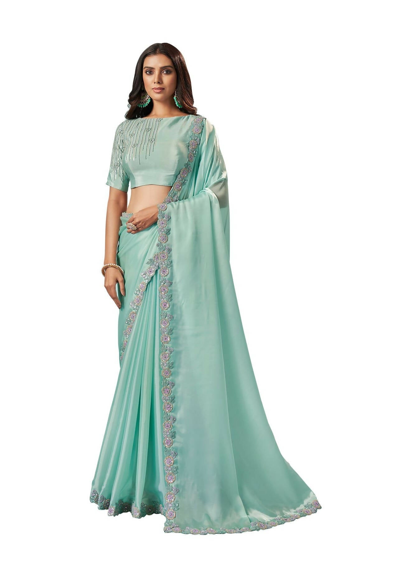 Sea Green Organza Silk Crepe Solid Saree With Unstitched Blouse Piece - Norita Ikshita