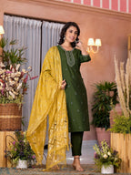 Juniper Women's Green Zari Embroidered Viscose Kurta Pant And Dupatta Set With Tassels On Dupatta