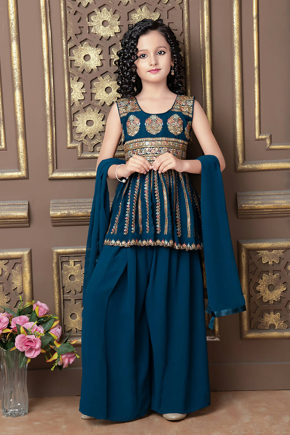 Kids Wedding Designer Rama Faux Georgette Sharara Suit - Aaradhna