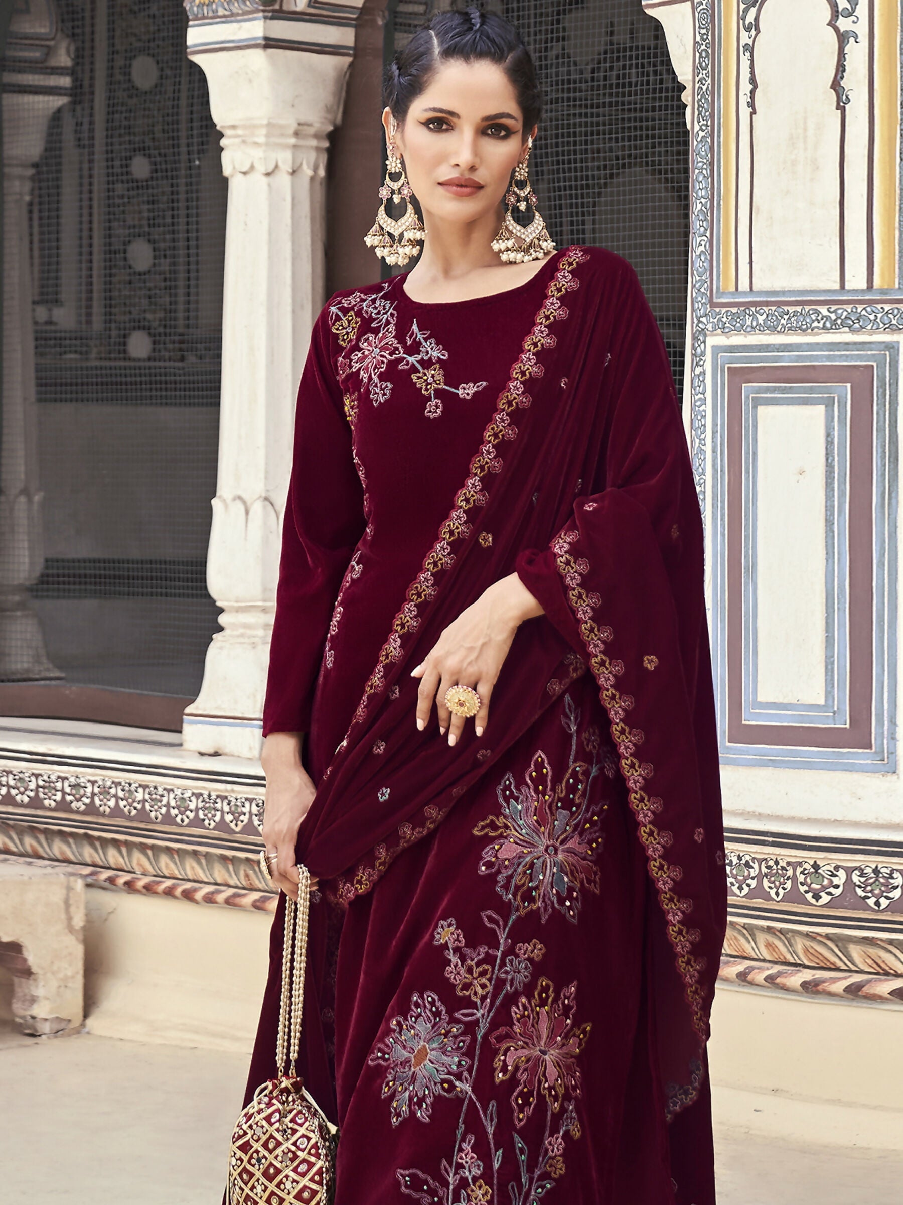 Jyoti Fashion Women's Maroon Velvet Resham Thread with Jari & Sequin Kurta with Trouser & Dupatta