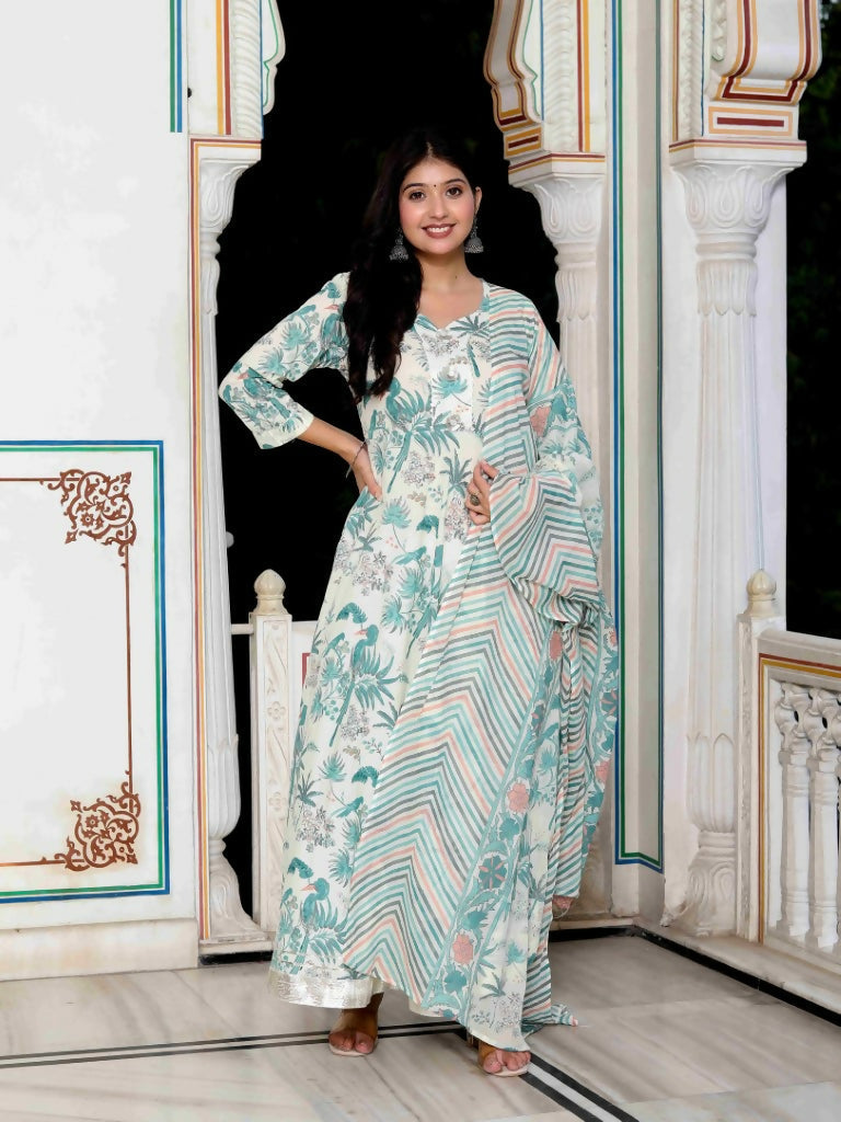 Miravan Women's Light Green Birds And Leaf Floral Printed Anarkali Kurta And Dupatta Set