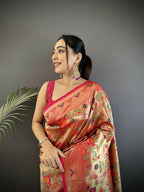 Joban Fashion Peach Floral & Leaf Motifs Soft Silk Paithani Saree - Distacart
