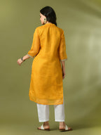 Myshka Women's Yellow Printed Cotton Blend Straight Party Kurta Set