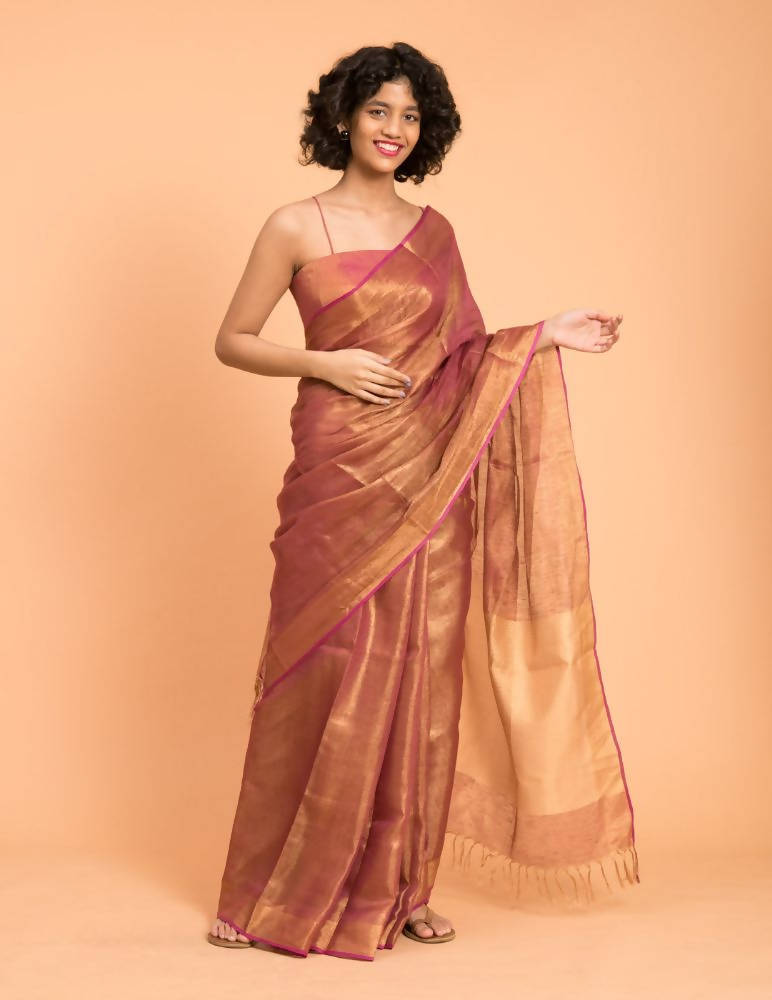 Suta Pink Golden Solid Zari Pure Linen Saree - Distacart