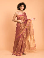 Suta Pink Golden Solid Zari Pure Linen Saree - Distacart
