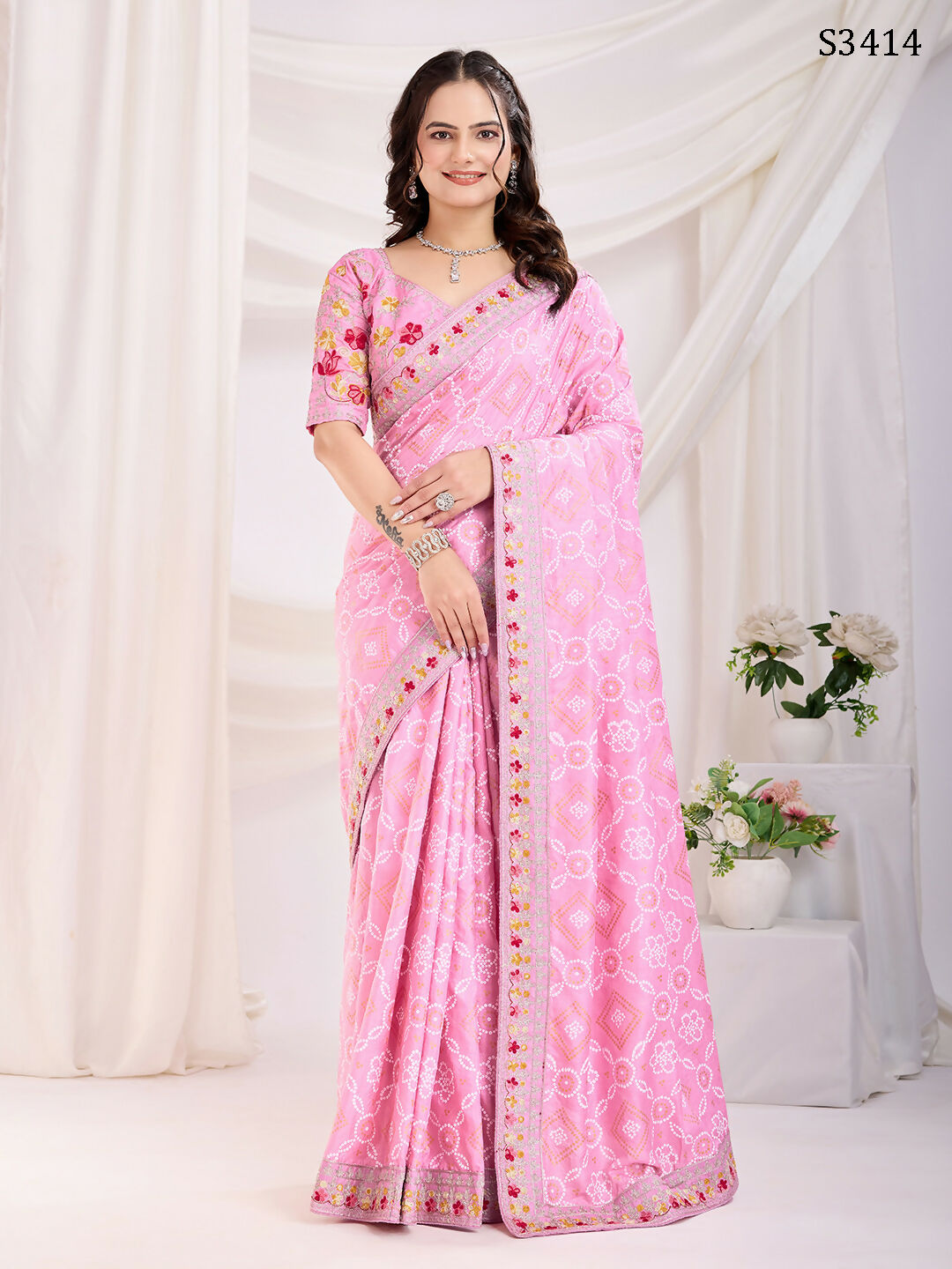 Pink Vichitra Silk Bandhani Printed, Embroidery Work Saree - Ditya