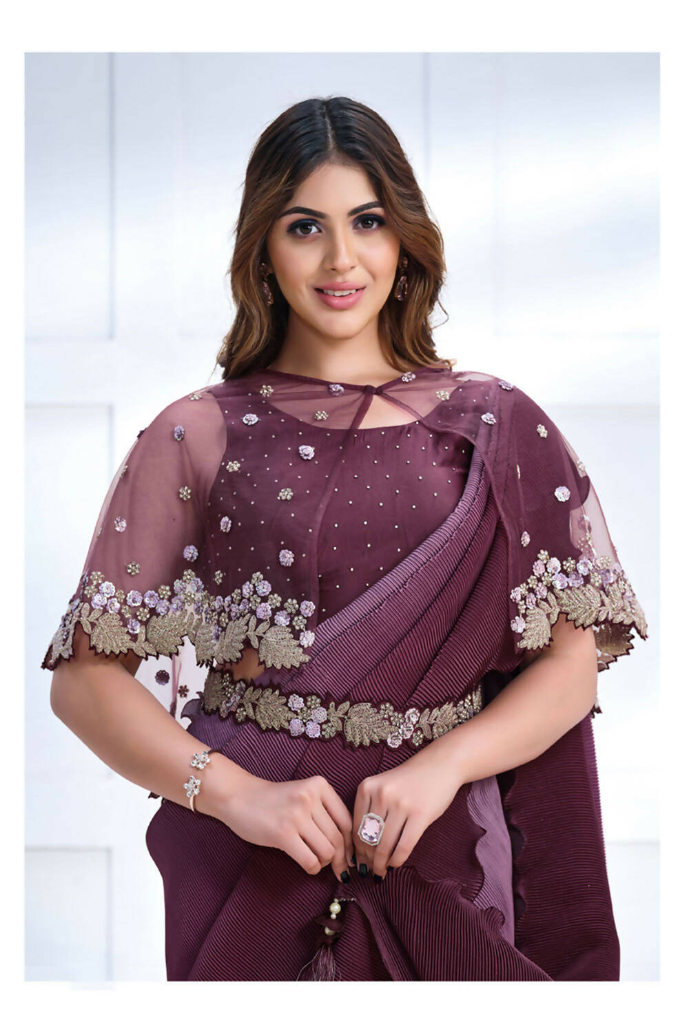 Wine Crepe satin silk Texture with Cord & Sequence Embroidered and Stone work Saree - Mohmanthan Majestica