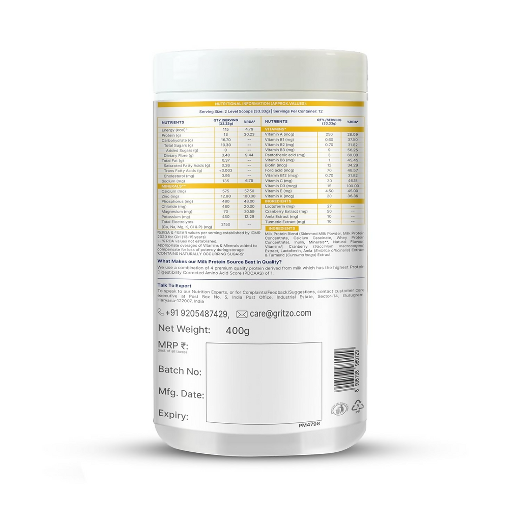 Gritzo SuperMilk Growth+ (Formerly Height+) Unsweetened Drink Mix (13+y Girls), 13g Protein Powder - Creamy Vanilla
