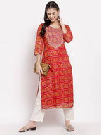 Myshka Women's Red Cotton Printed 3/4 Sleeve Square Neck Casual Kurta