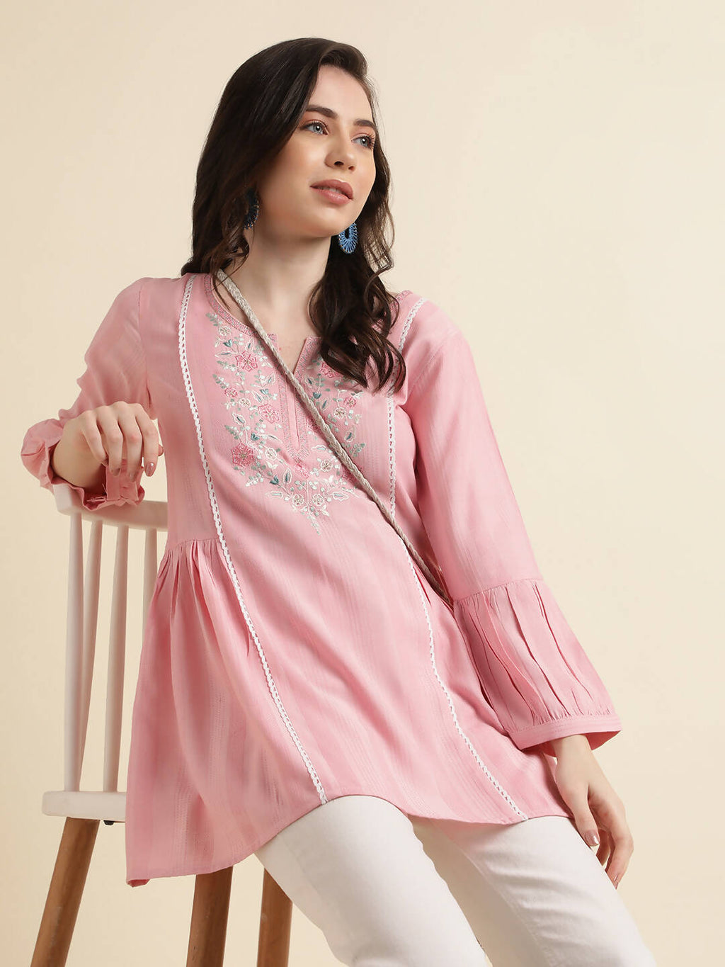 Pink Viscose Rayon Yoke Embroidered A-line Top - Tarini