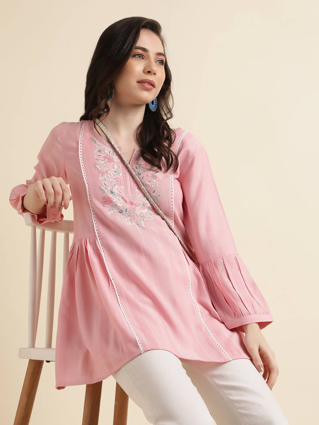 Pink Viscose Rayon Yoke Embroidered A-line Top - Tarini