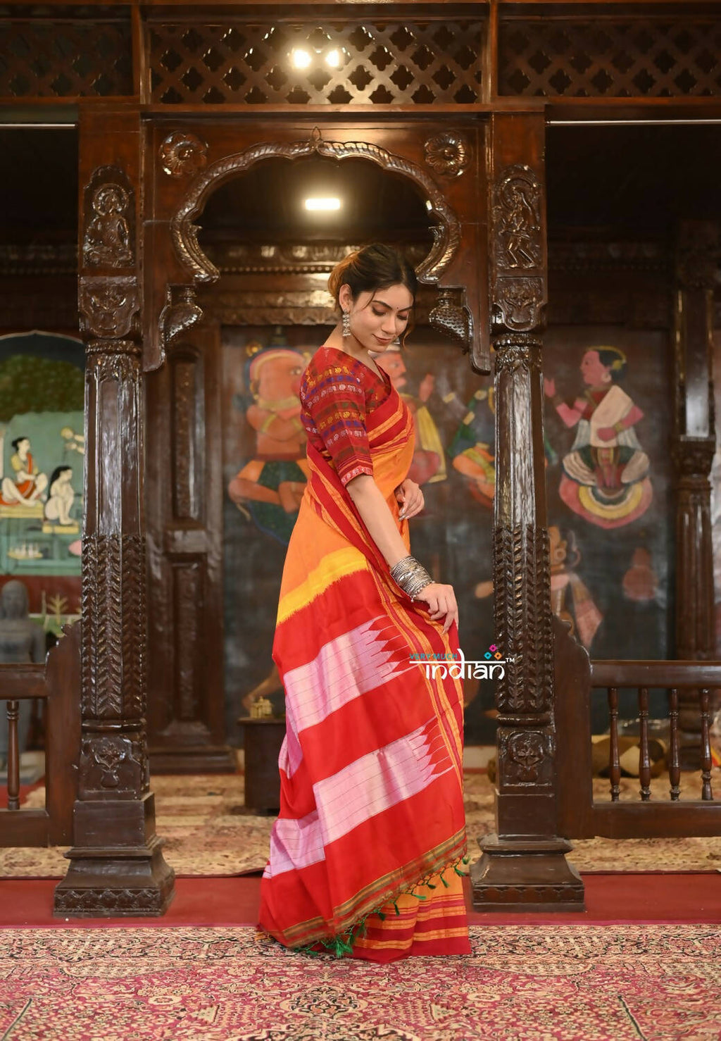 Very Much Indian Handloom Cotton Viscose Ilkal Saree Bright Mustard Yellow With Red Border - Distacart