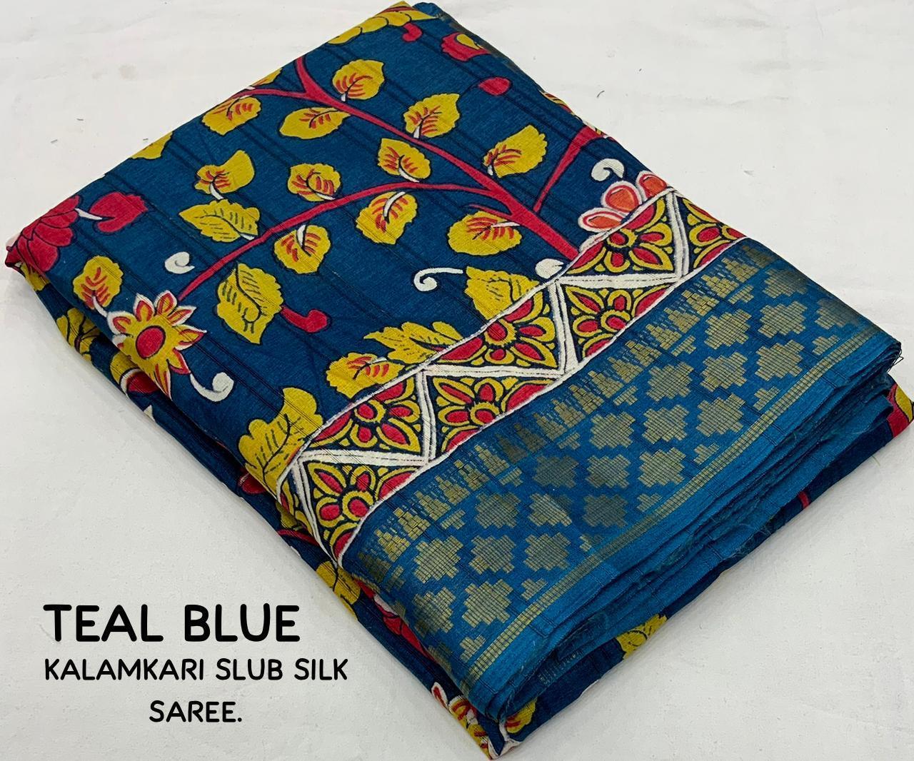 Blue Slub Silk Printed Saree with Unstitched Blouse - Hiral Fashion