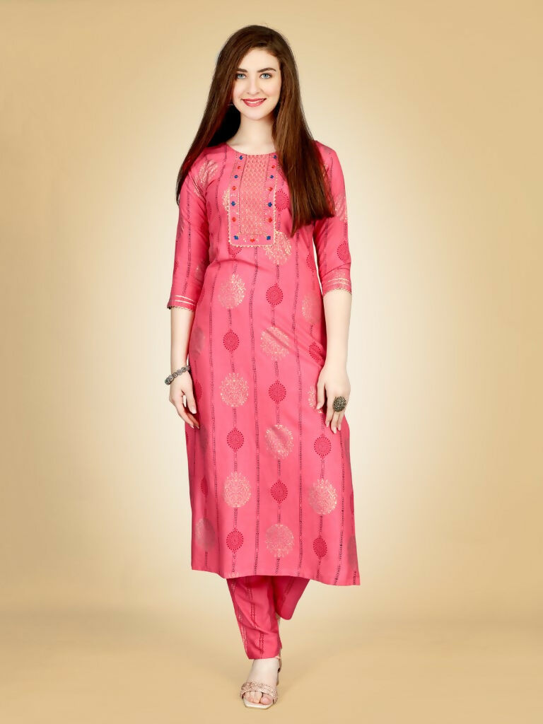 Jyoti Fashion Women's Pink Viscose Rayon Embroidered Kurta Pant Set