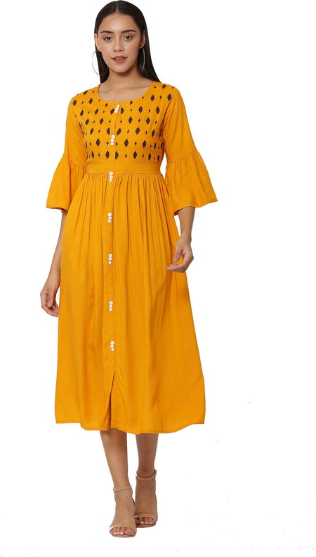 PAVONINE Mustard Color Embroidery Work With Button Dress For Women