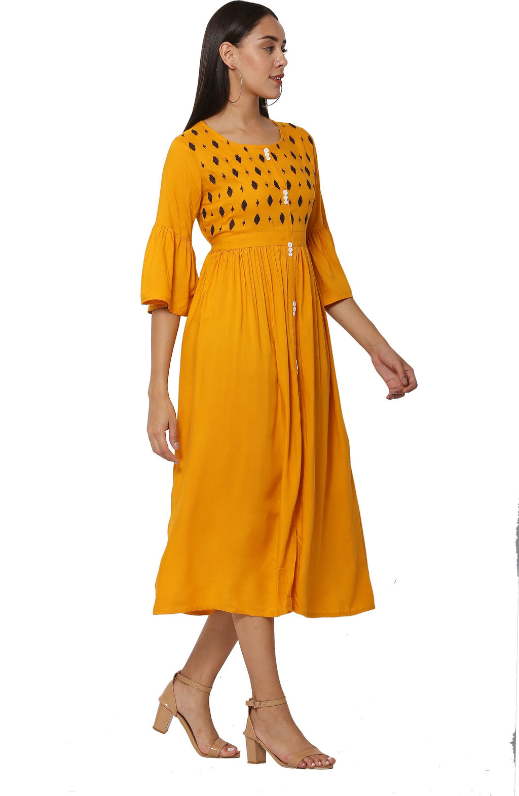 PAVONINE Mustard Color Embroidery Work With Button Dress For Women - Distacart